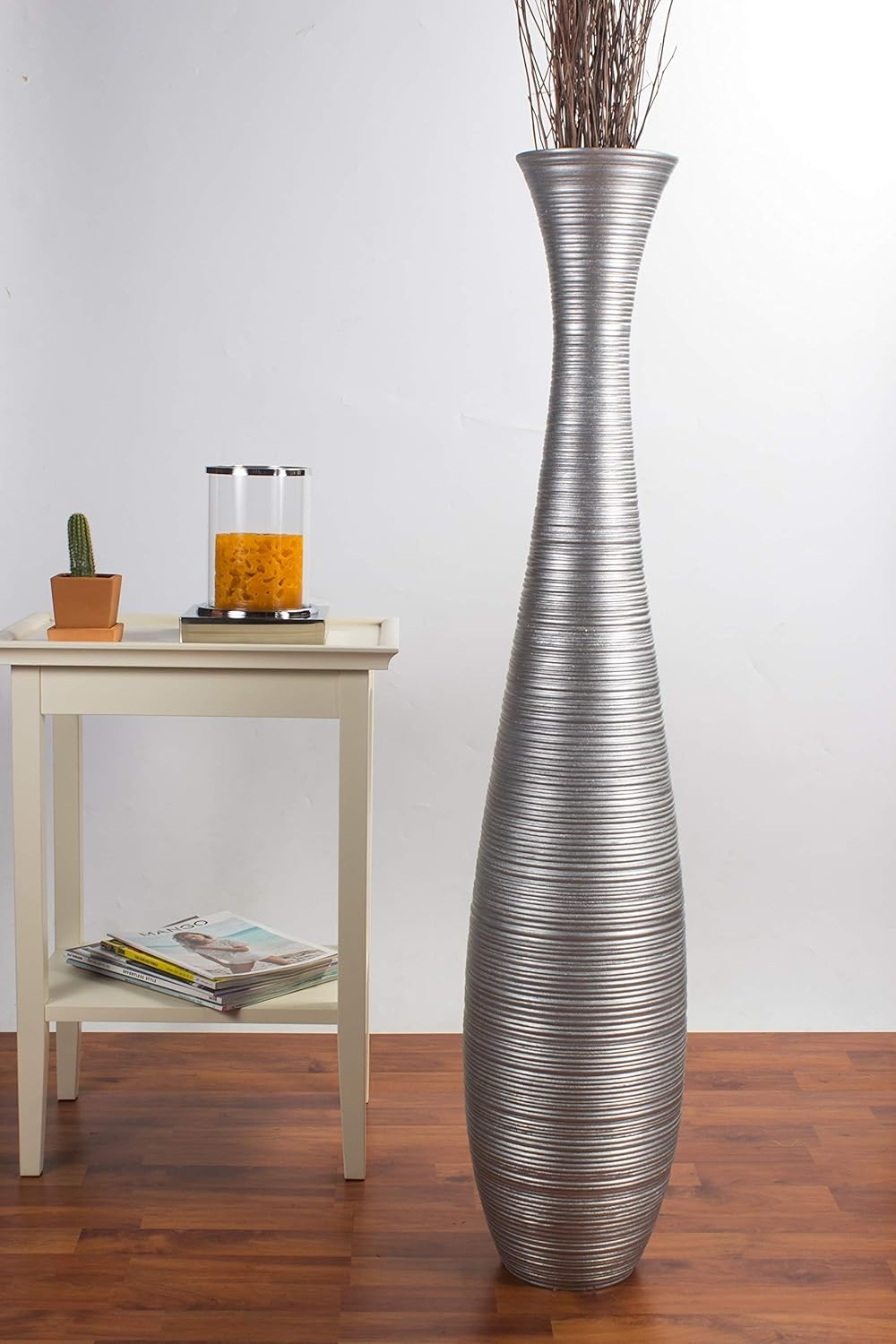 Tall Silver Floor Vase 105cm Wooden Decor for Pampas Grass Display