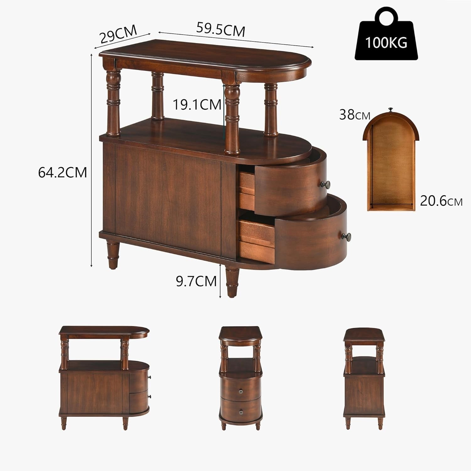 Solid Wood End Table with Drawers & Shelf – Cherry Walnut Side Table