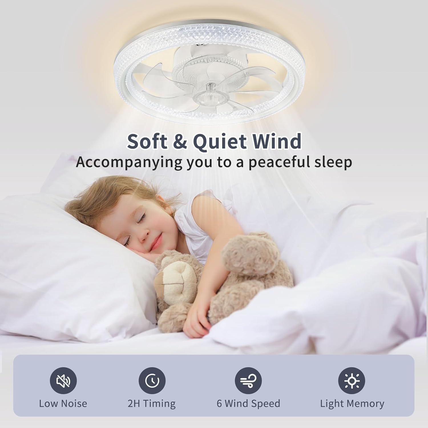 Ankishi 48CM Ceiling Light Fan 70W, White, 6-Speed, Remote, 3-Color LED