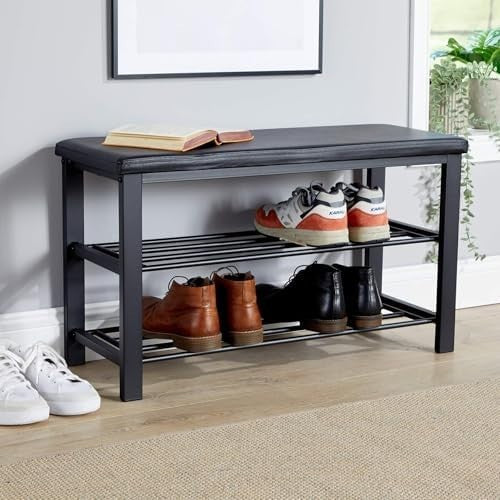 Black Shoe Storage Bench with PU Cushion & 2 Shelves – Metal Hallway Unit