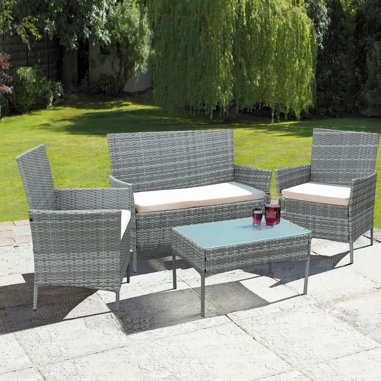 4 Piece Rattan Garden Furniture Set Sofa Chairs Glass Table Patio Balcony