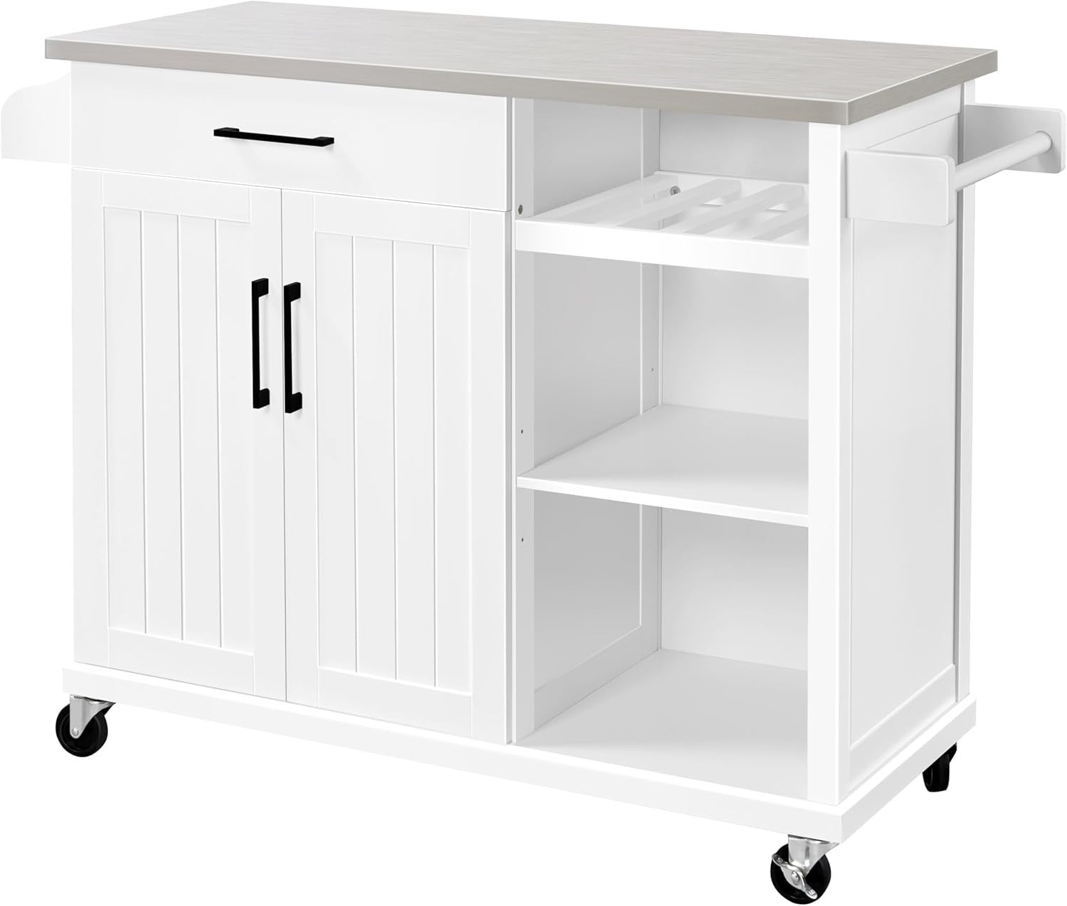 Kitchen Island Cart with Stainless Steel Top, Storage, Spice Rack & Wheels
