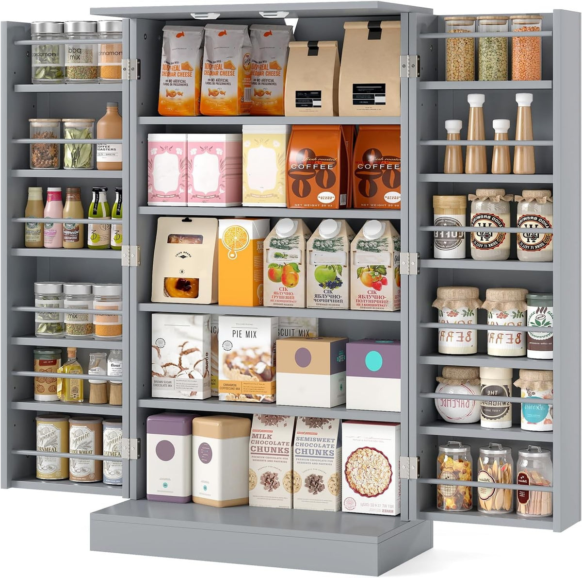 Tall Grey Kitchen Pantry Cupboard Cabinet Adjustable Shelves Storage Unit