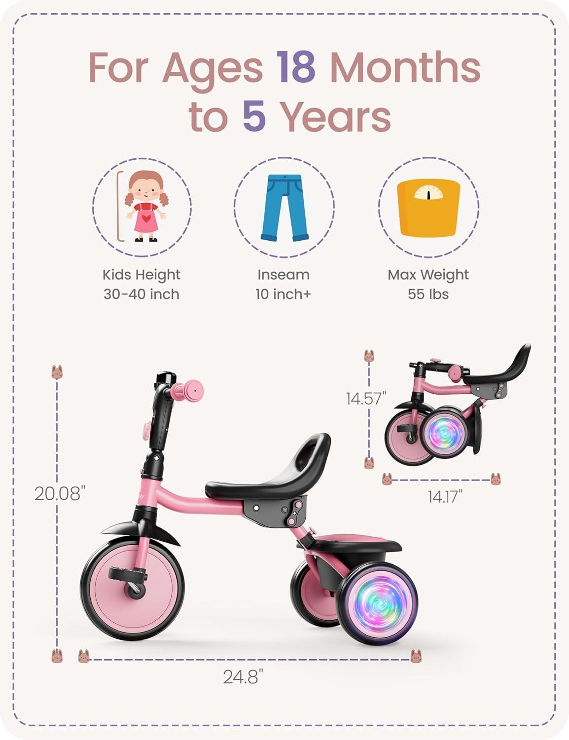 Kids Tricycle Flash LED Wheels Foldable Toddler Bike Pink Age 18M-5Y