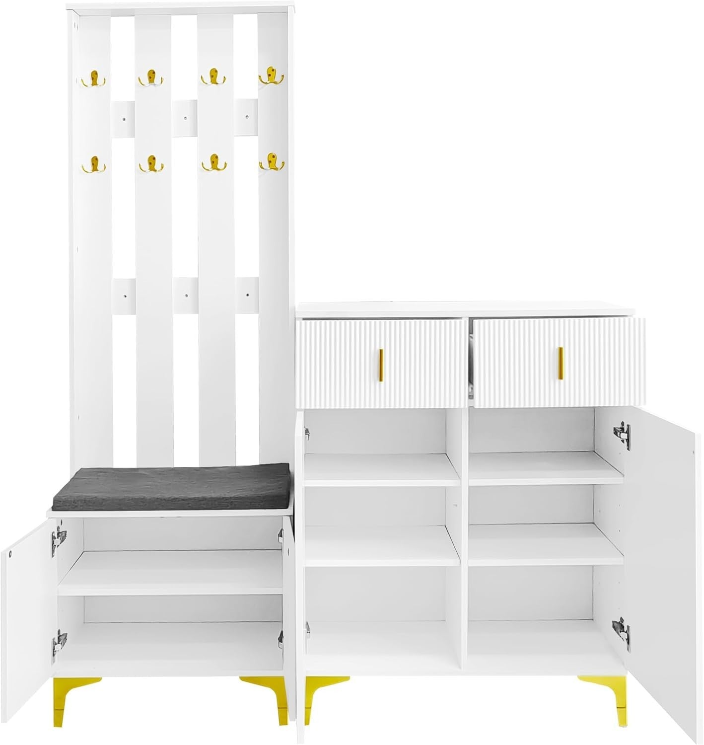 Modern Hallway Coat Rack with Shoe Storage Bench & Drawers – White 180cm