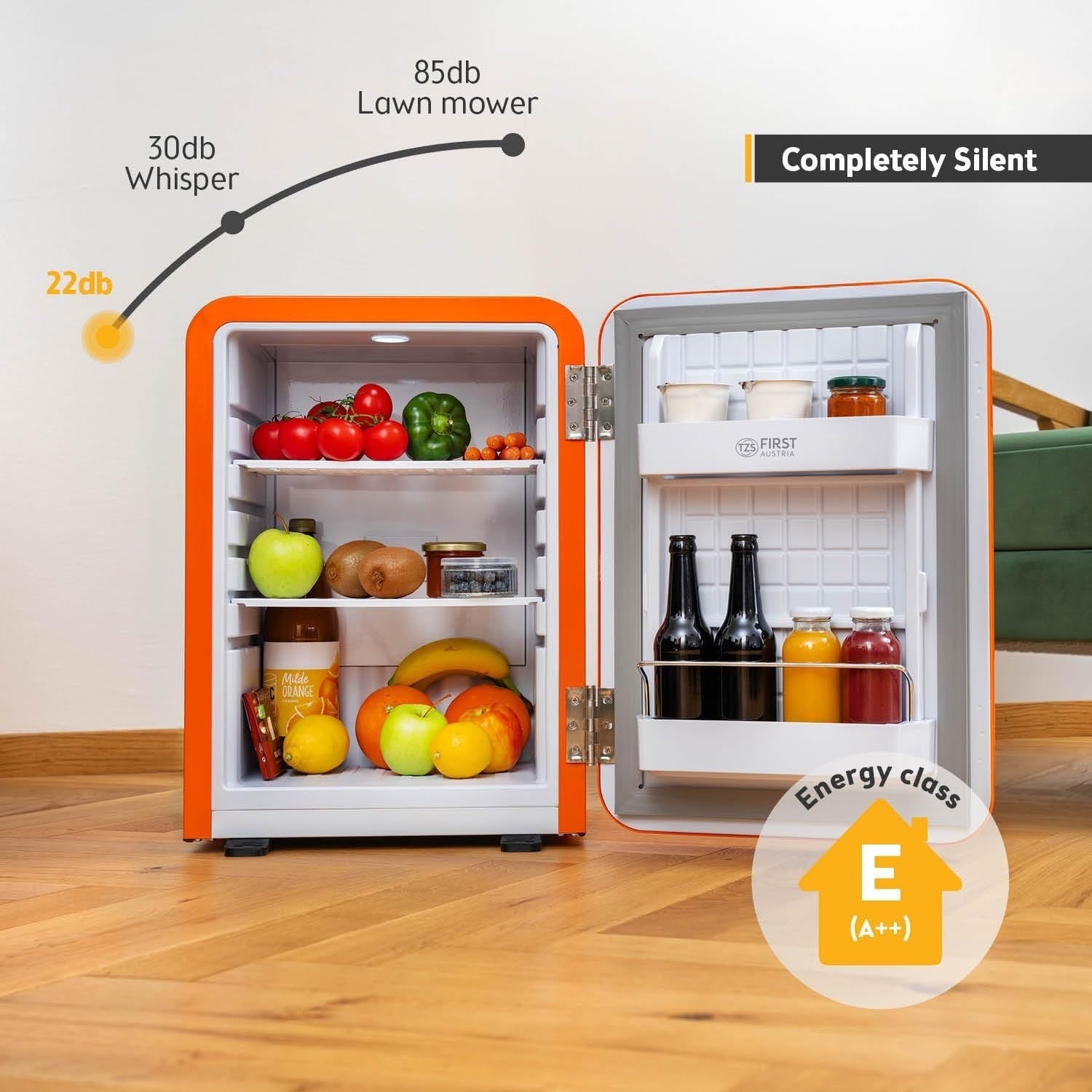 40L Retro Mini Fridge Silent Frost-Free LED Interior Freestanding Orange