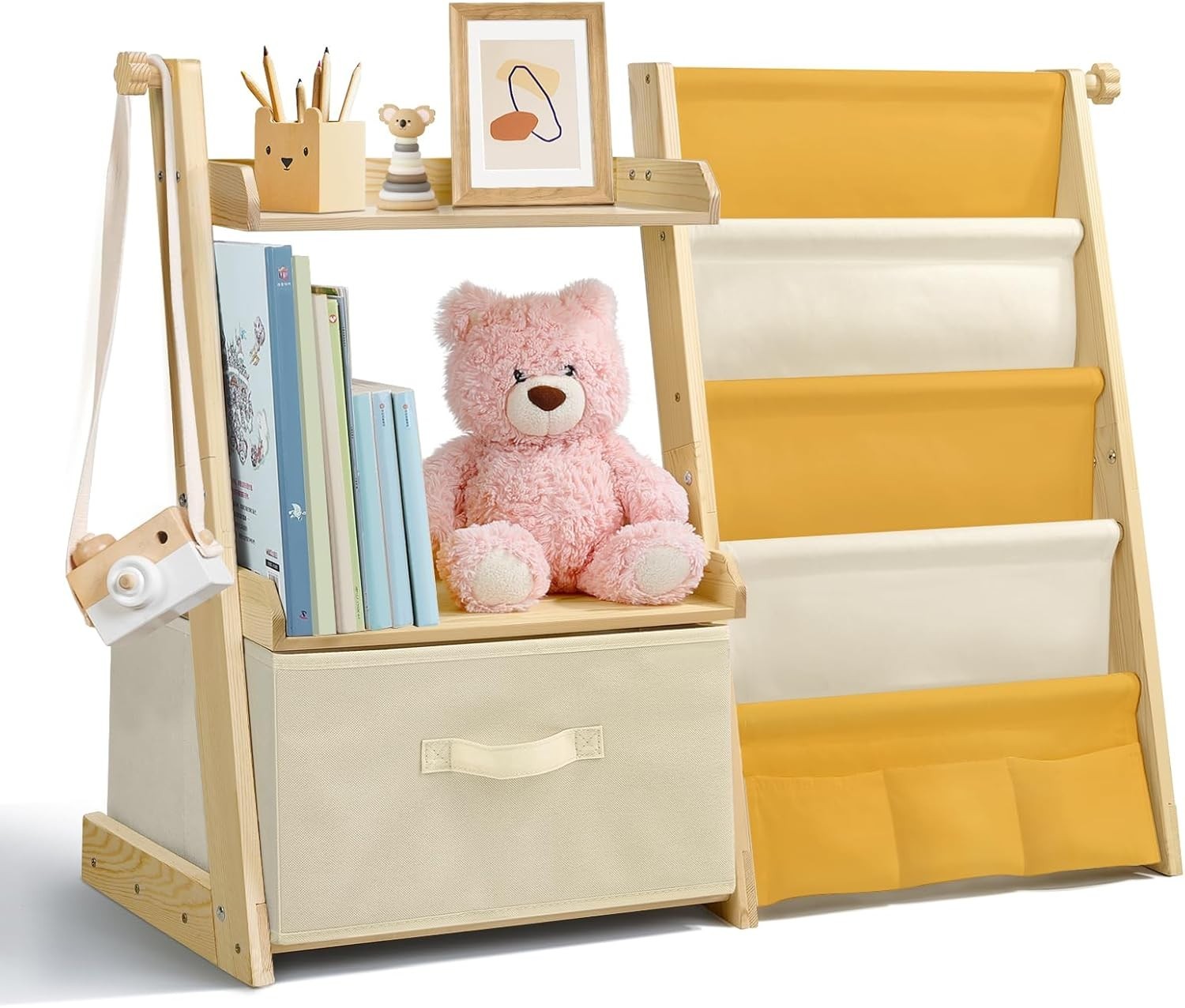 Yellow Kids Bookshelf & Toy Storage – 4-Tier Wooden Bookcase + Toy Chest
