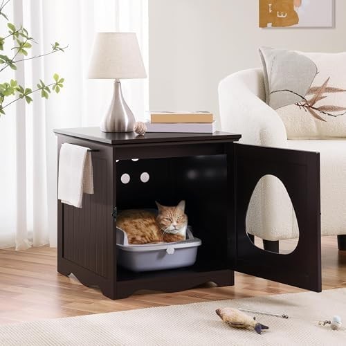 Hidden Cat Litter Box Furniture with Ventilation & Towel Rail, Espresso