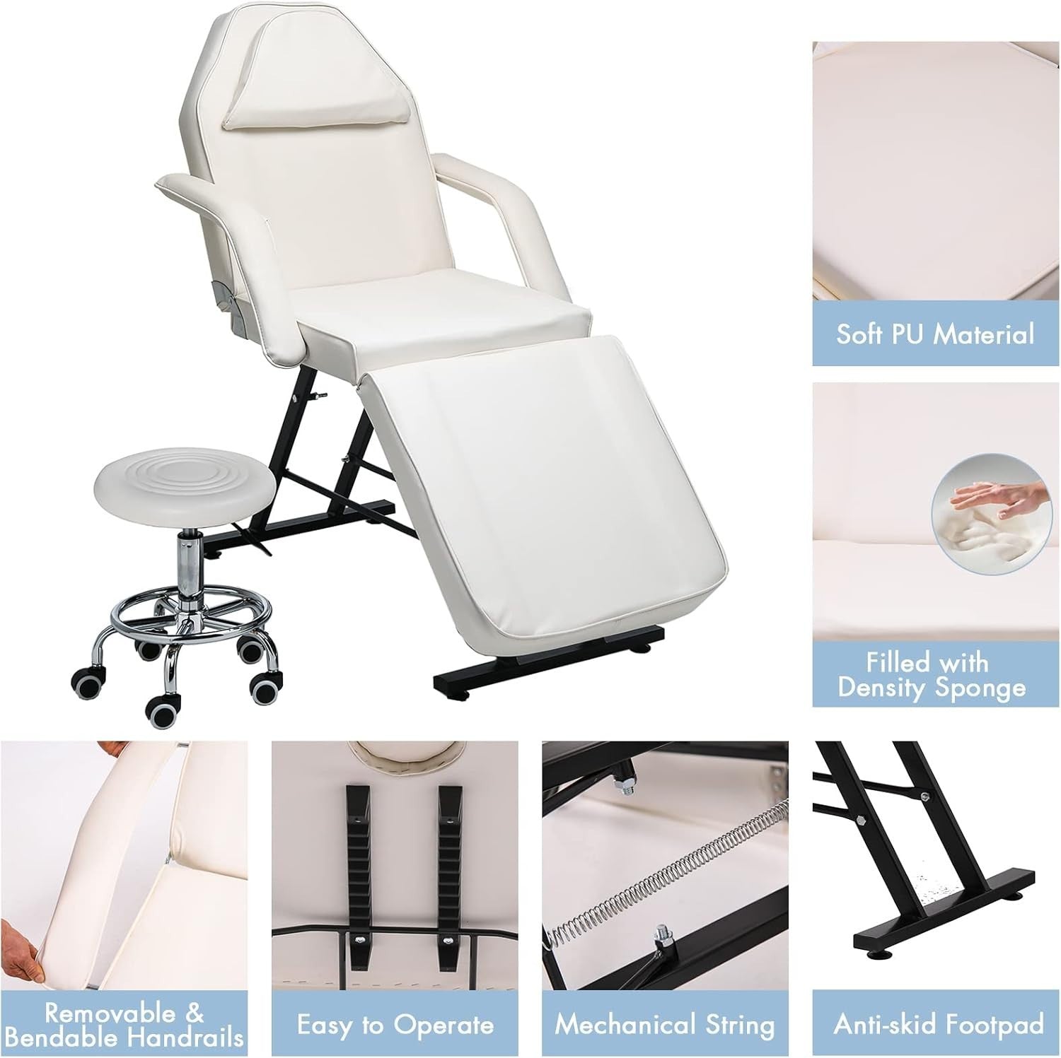Adjustable 3-Section Massage Table with Stool Salon Lash Tattoo Bed White 184cm