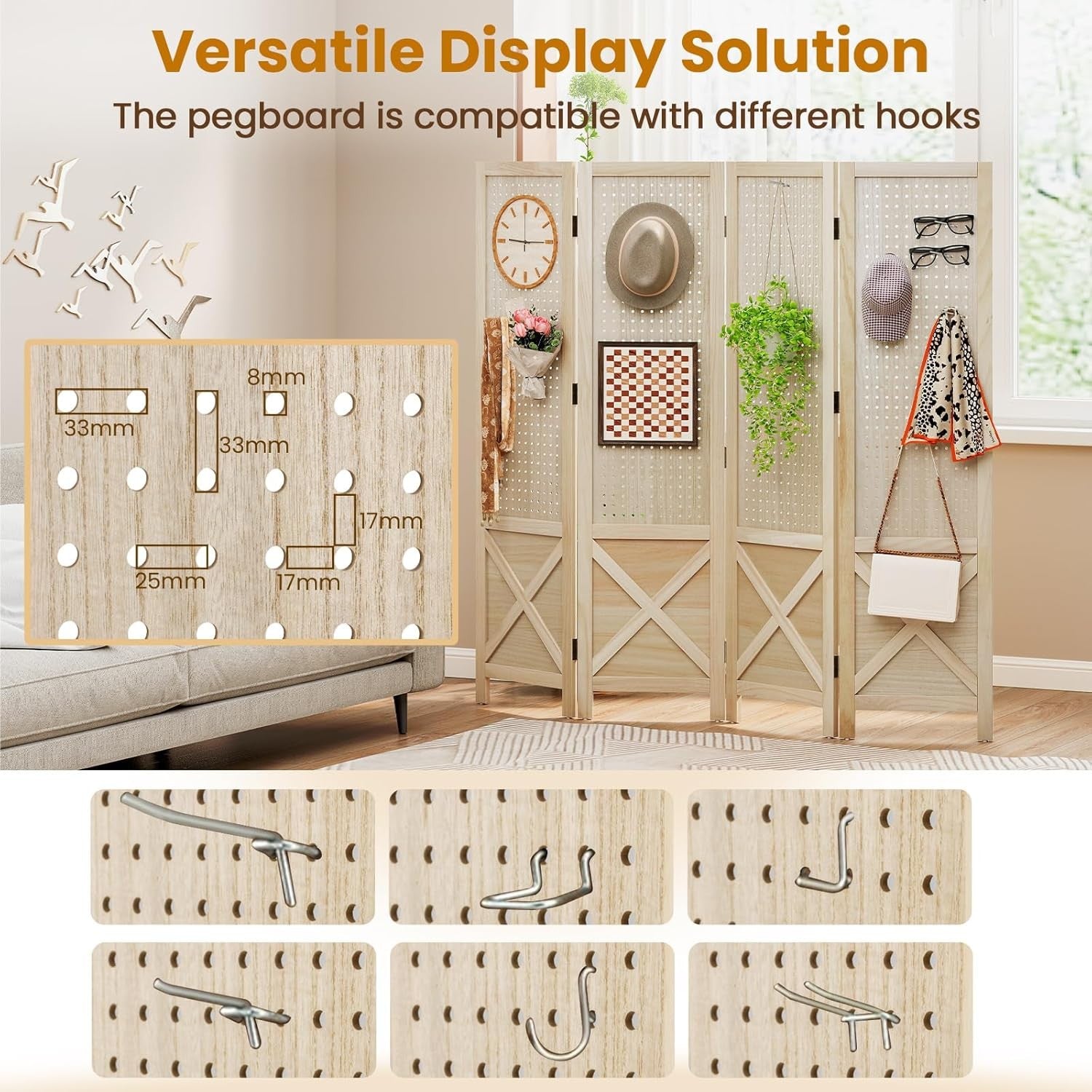 4 Panel Natural Wood Folding Room Divider with Pegboard Display for Home Office