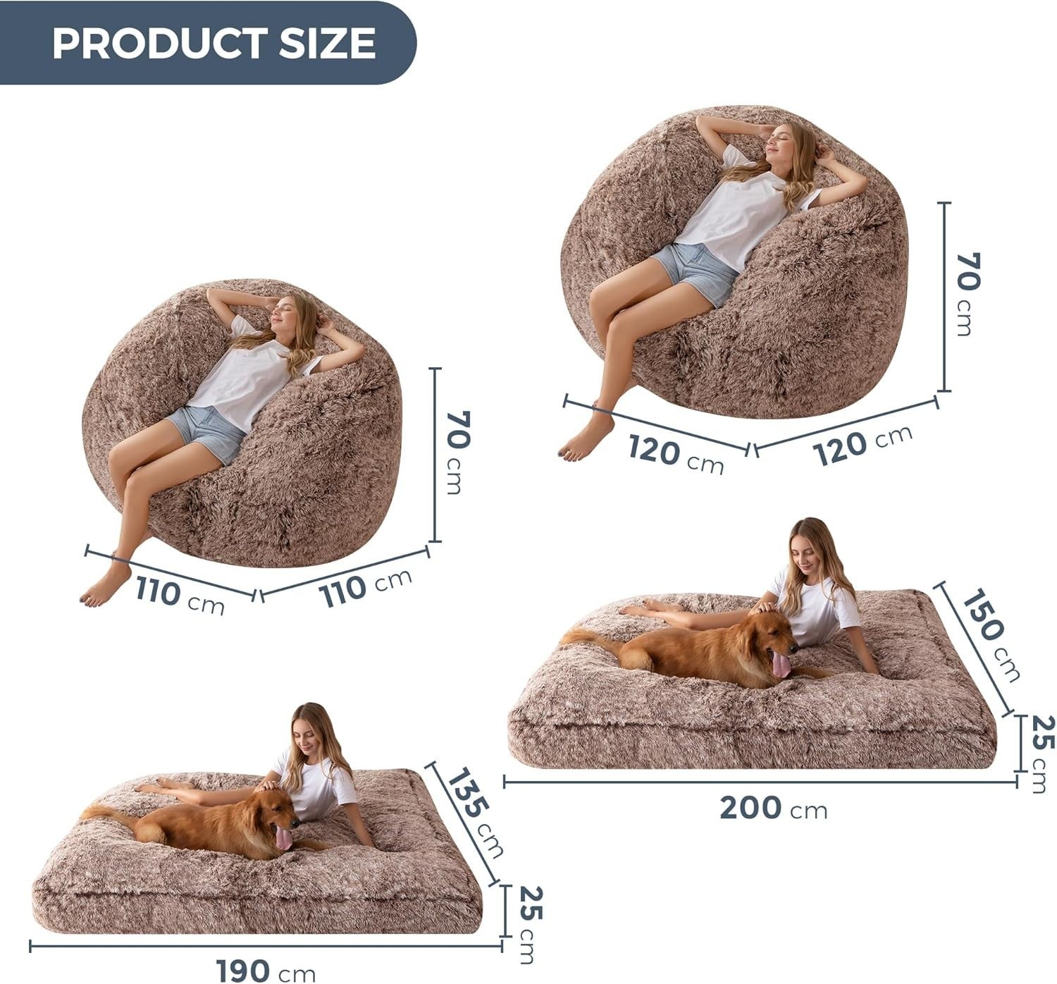 Giant Convertible Bean Bag Bed Chair Double Sofa Fluffy Fold Out Plush