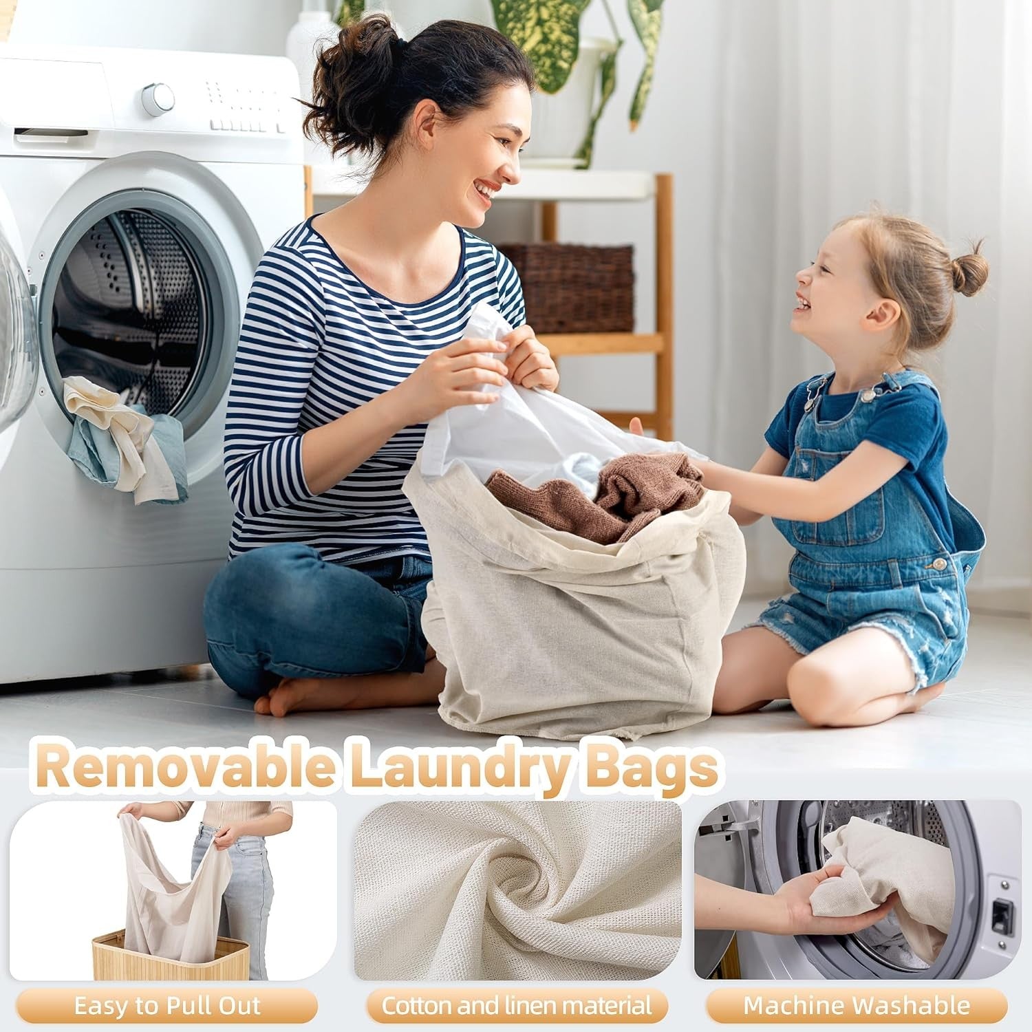 100L Bamboo Laundry Hamper with Lid 2-Section Foldable Clothes Basket Beige