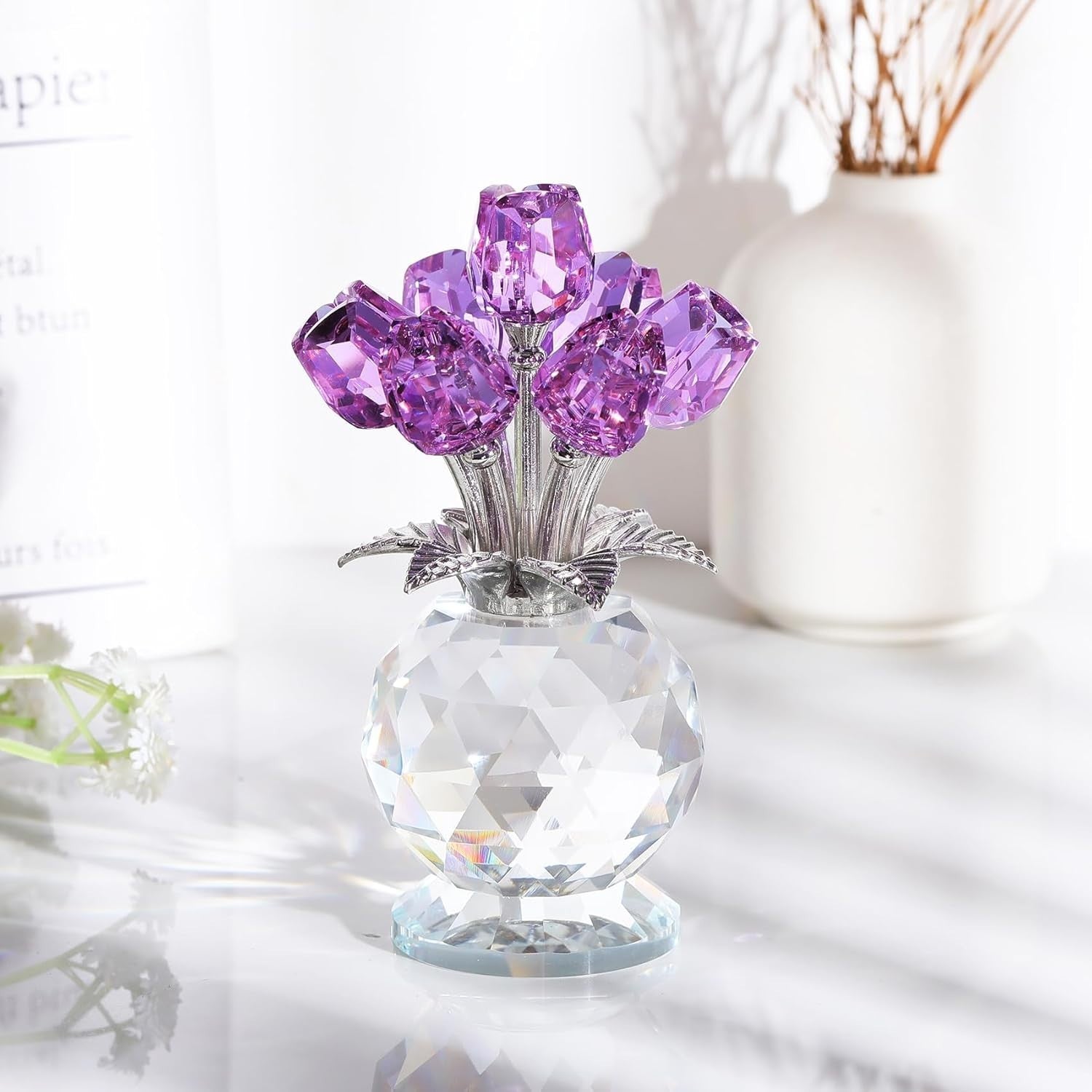 Purple Crystal Tulip Ornament – Luxury Glass Flower Bouquet Gift for Her Décor