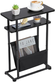 Slim Industrial Side Table with Magazine Holder & Adjustable Feet for Small