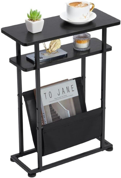 Slim Industrial Side Table with Magazine Holder & Adjustable Feet for Small