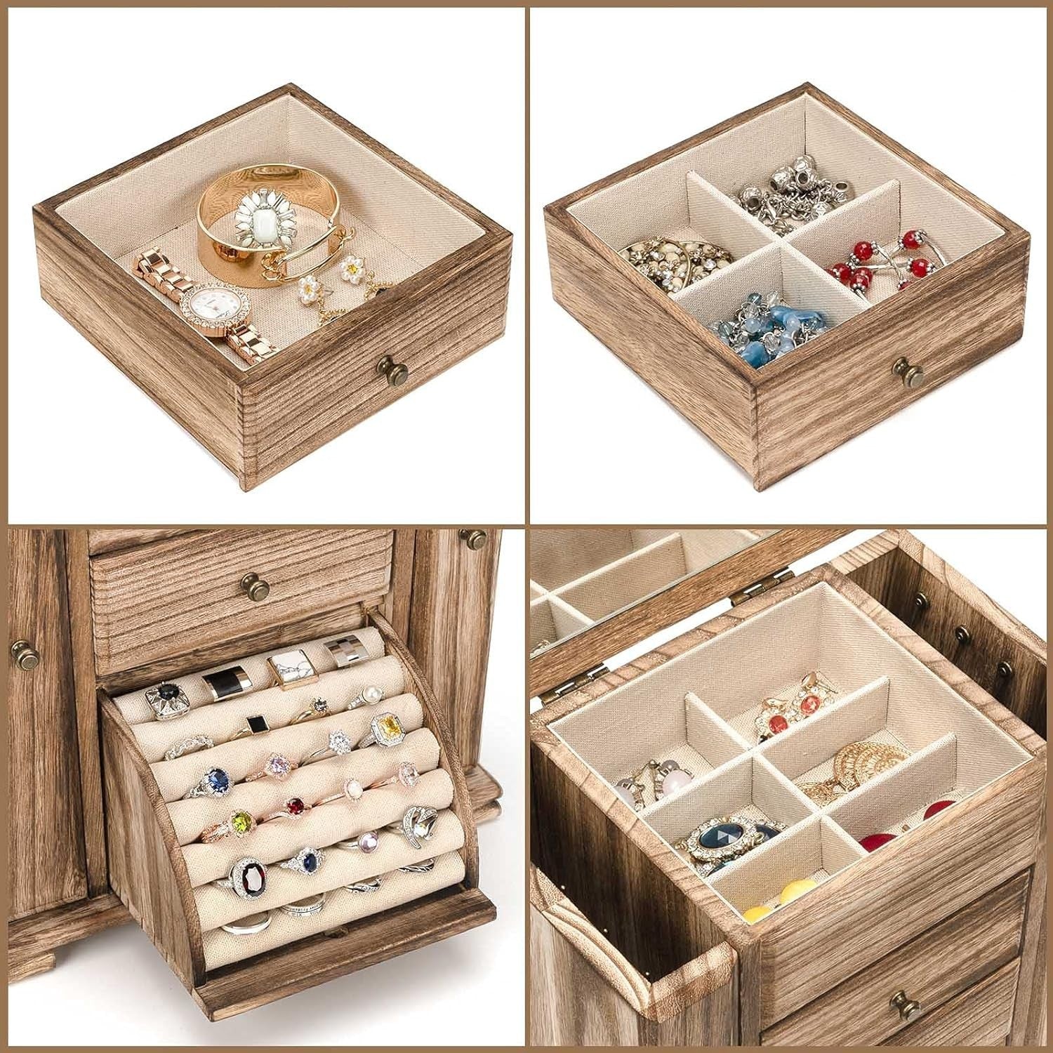 Rustic Wooden Jewelry Box Organizer with Mirror 4 Layer Storage Case
