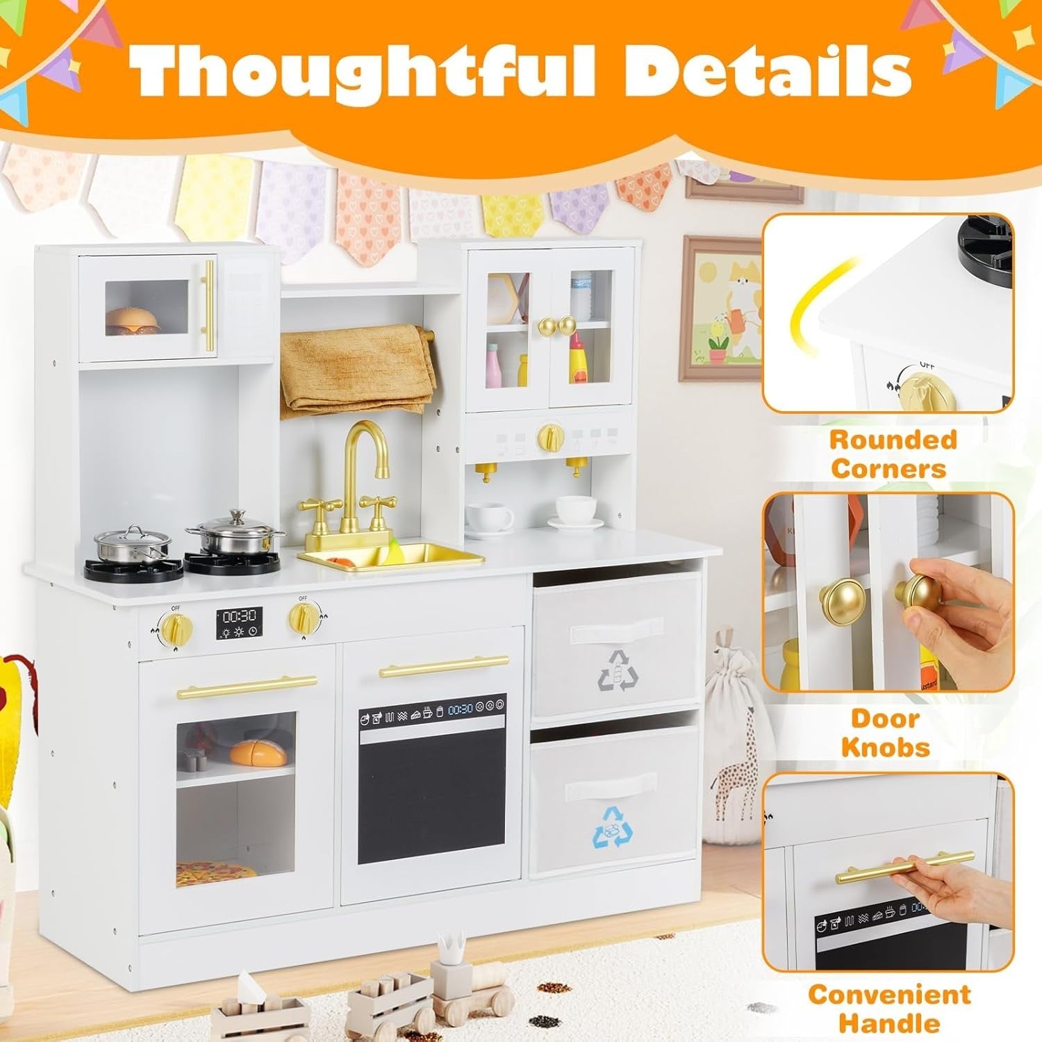 Large Wooden Kids Play Kitchen White w/ Lights Sounds Microwave
