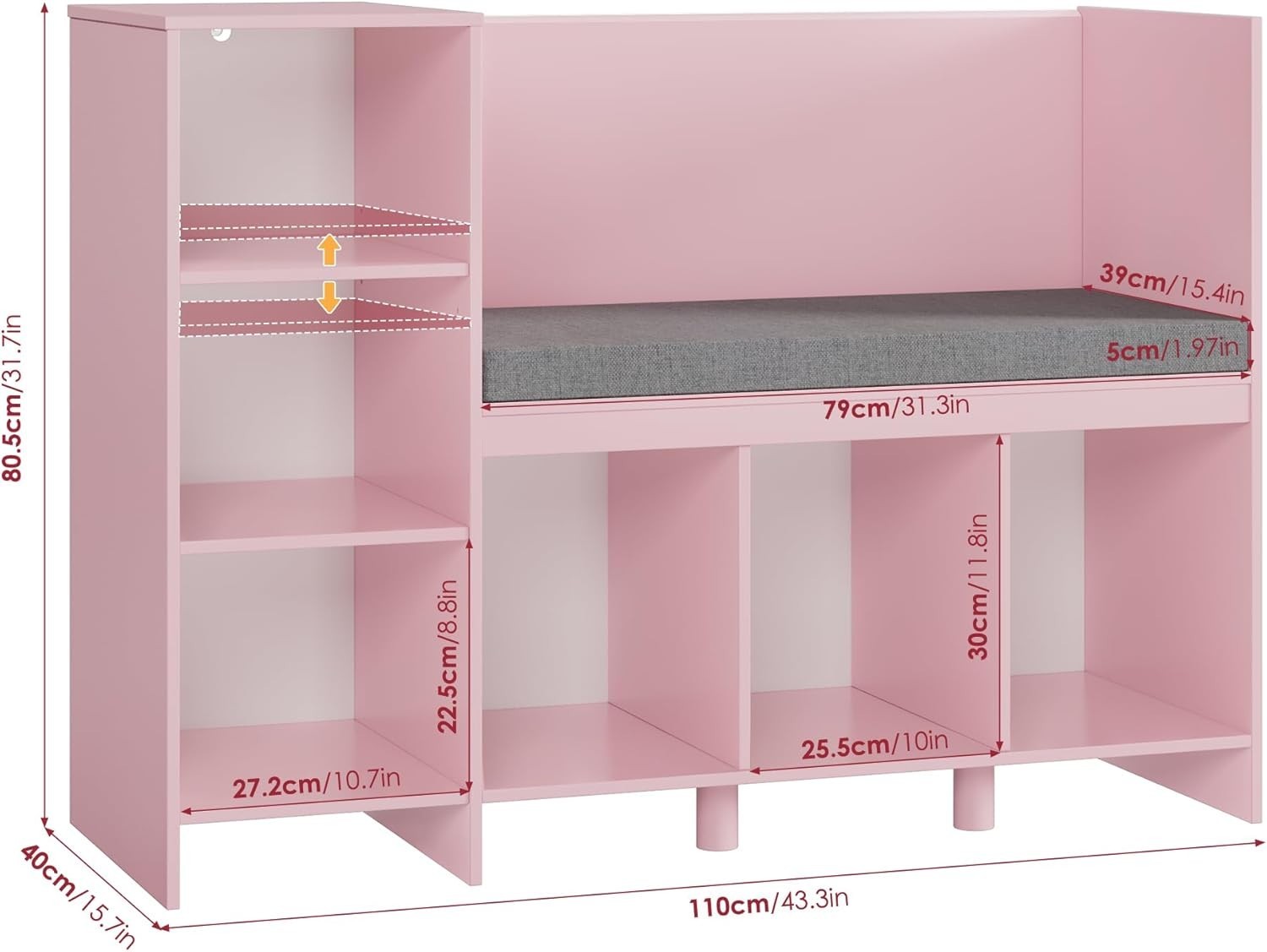 Kids Bookcase with Seat Cushion 6 Cube Toy Storage Shelf Bench Pink 110cm