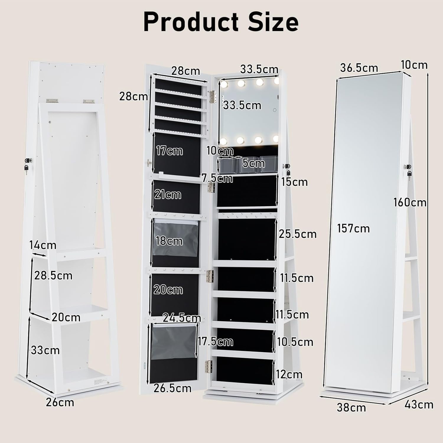 White 360° Swivel Jewelry Cabinet LED Makeup Mirror Lockable Storage