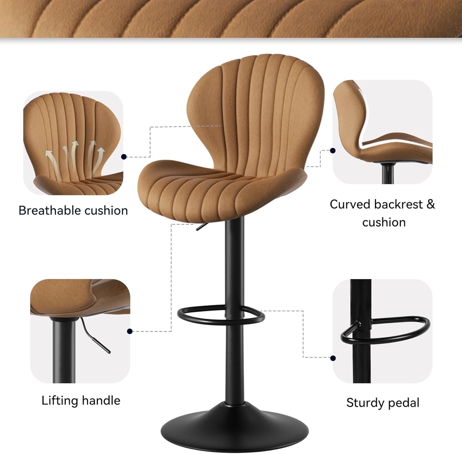 Brown Fabric Bar Stools Set of 2 Swivel Wooden Metal Counter Chairs