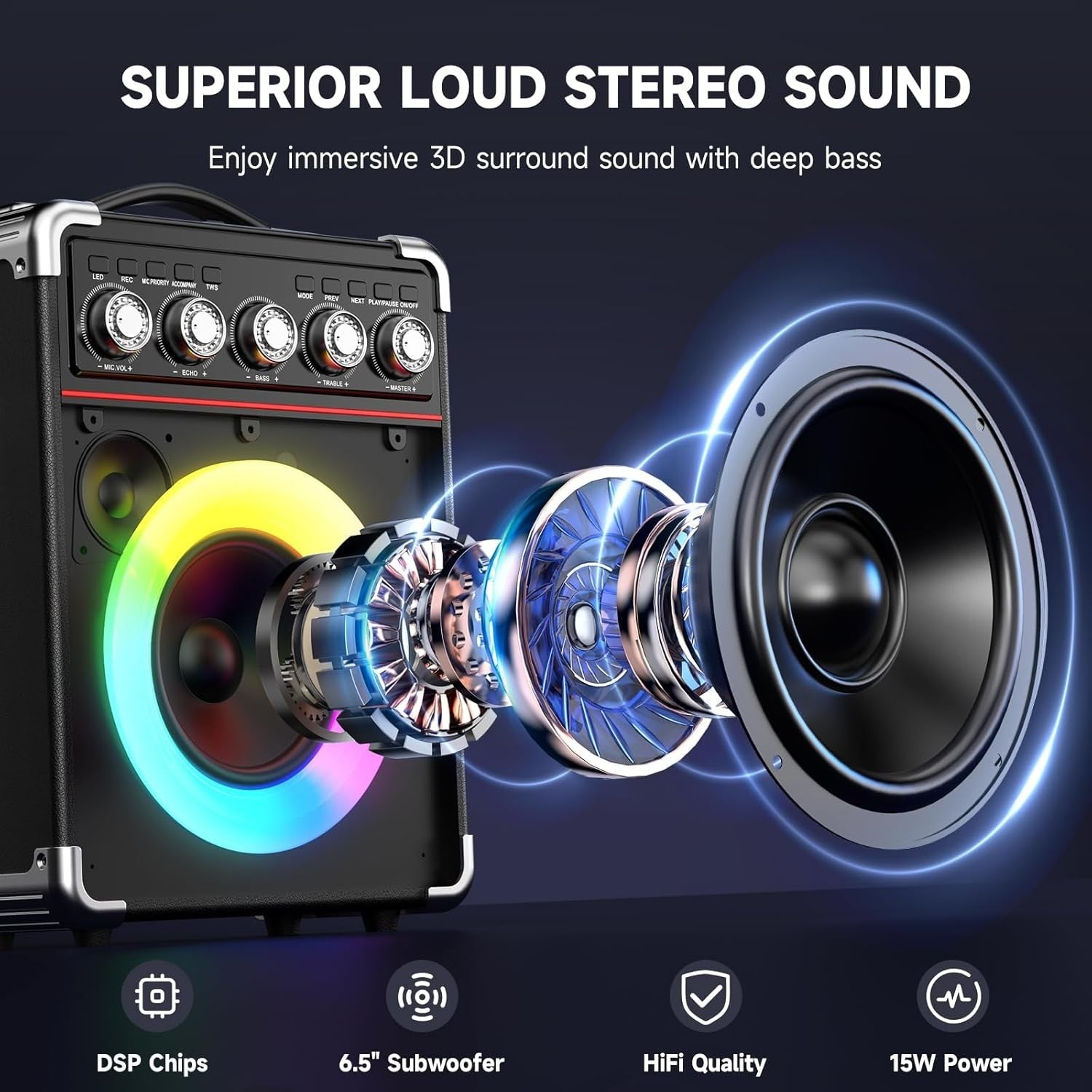 Bluetooth Karaoke Machine with 2 Mics PA Speaker LED Remote
