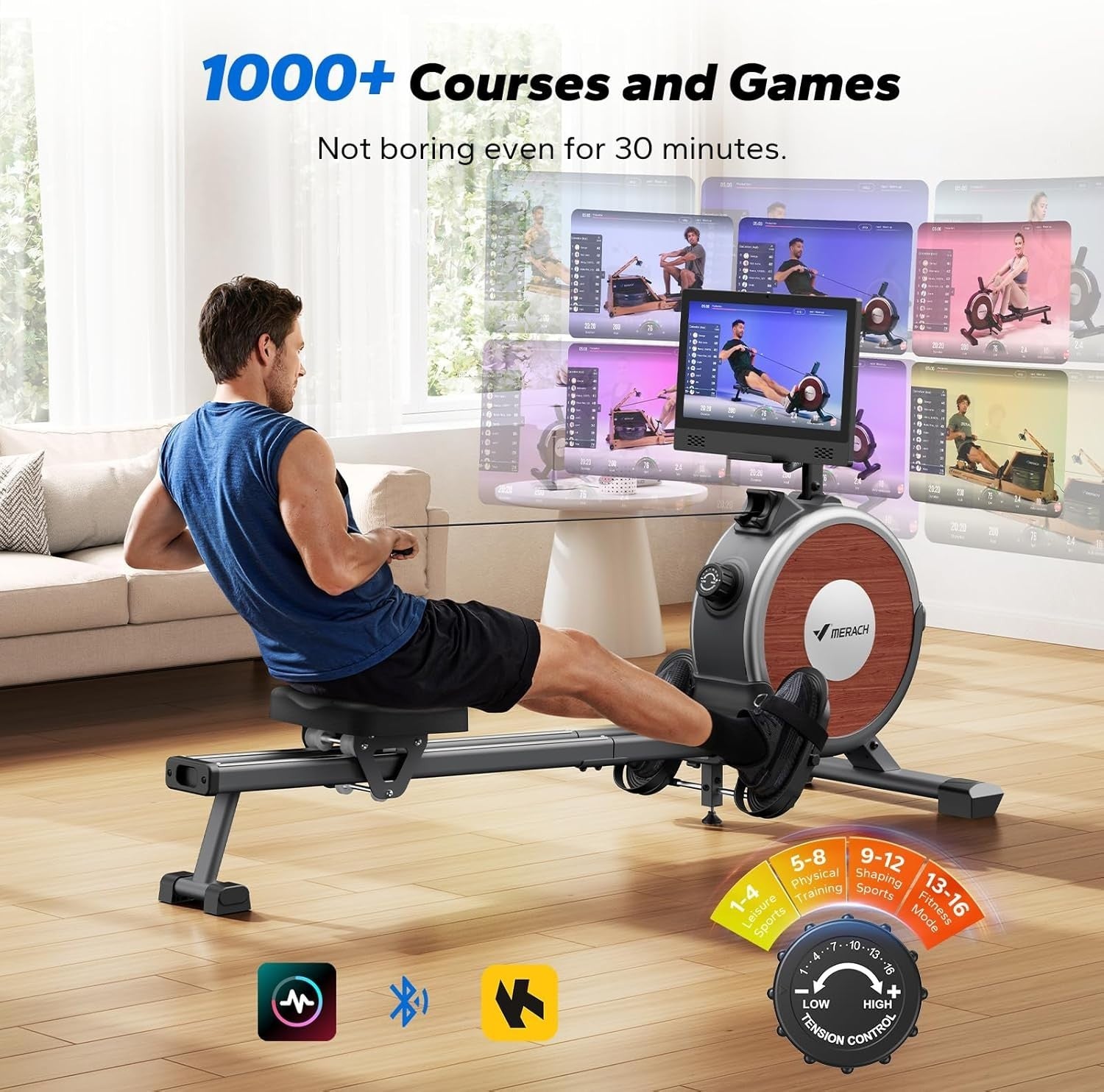 Magnetic Rowing Machine 16-Level Quiet Dual Rail App Compatible Home Gym Rower