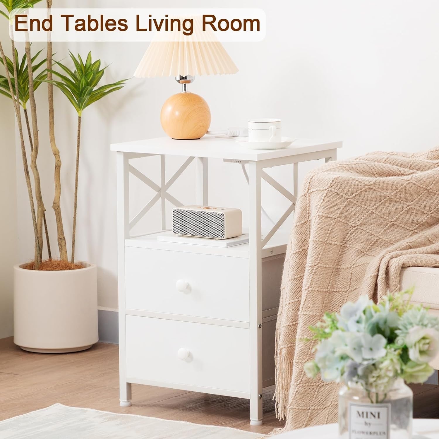 Set of 2 White Bedside Tables with USB Ports & Fabric Drawers