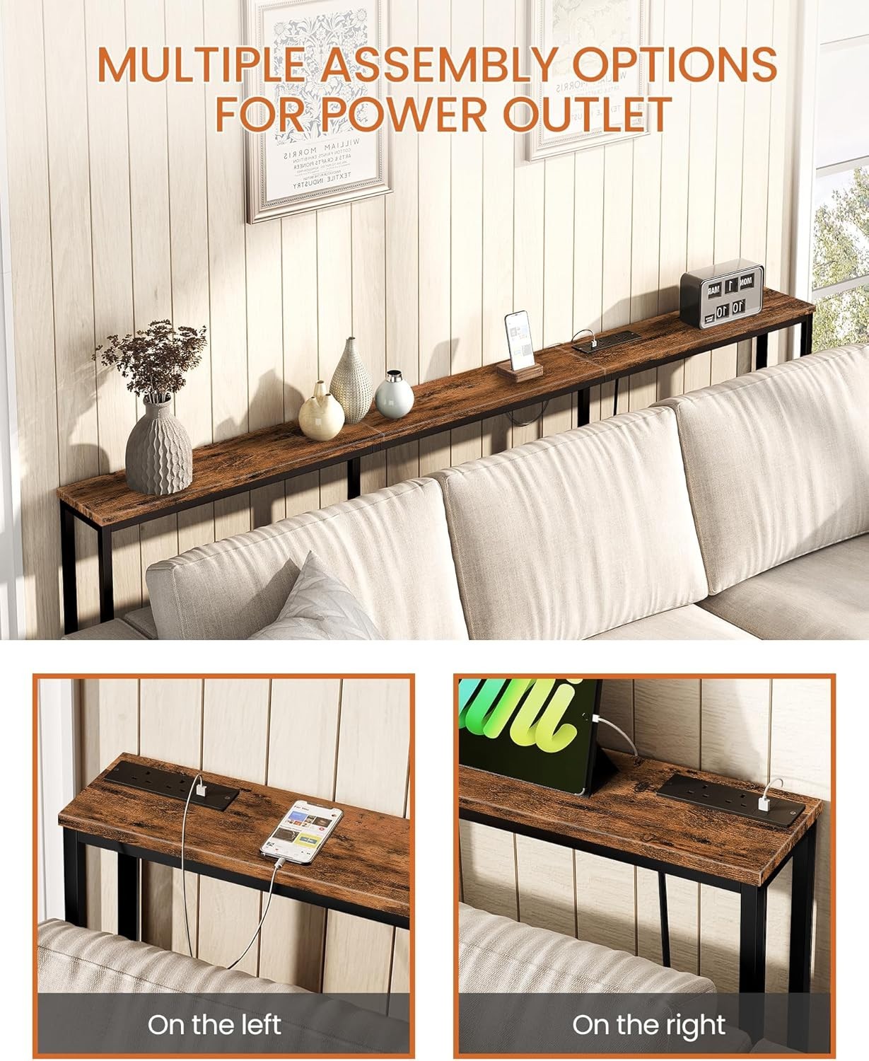 Slim Narrow Console Table with Power Outlet & USB Ports, 180x18x82 cm