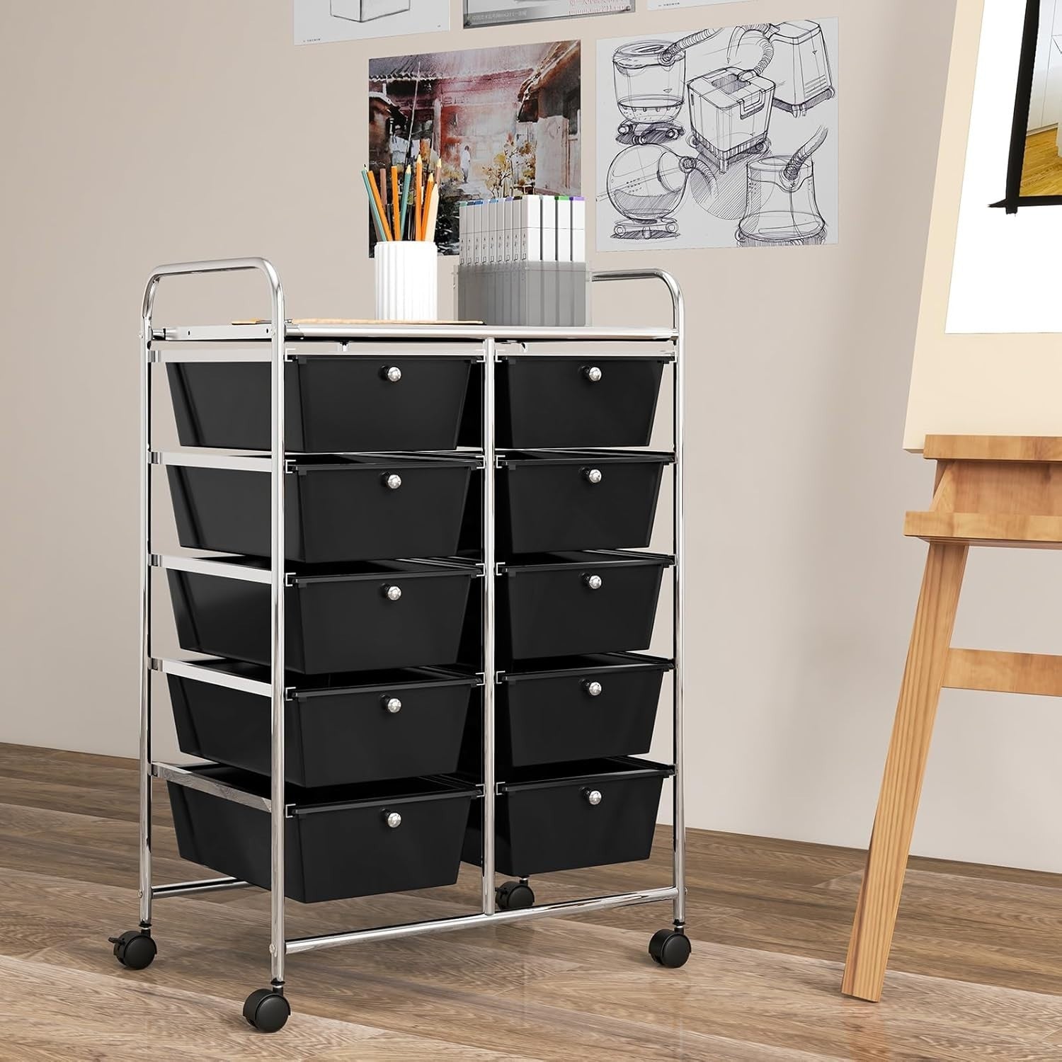Mobile 10 Drawer Storage Trolley Cart Utility Organizer with Wheels Black
