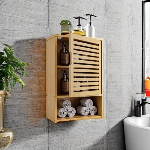 Wall Mounted Bathroom Cabinet Natural Bamboo Cupboard Adjustable Shelf Storage