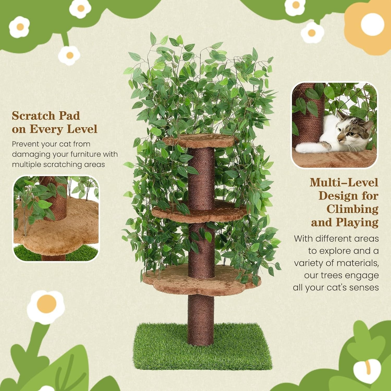 150cm Cat Tree Tower Scratching Post With Simulated Ficus Leaves Indoor