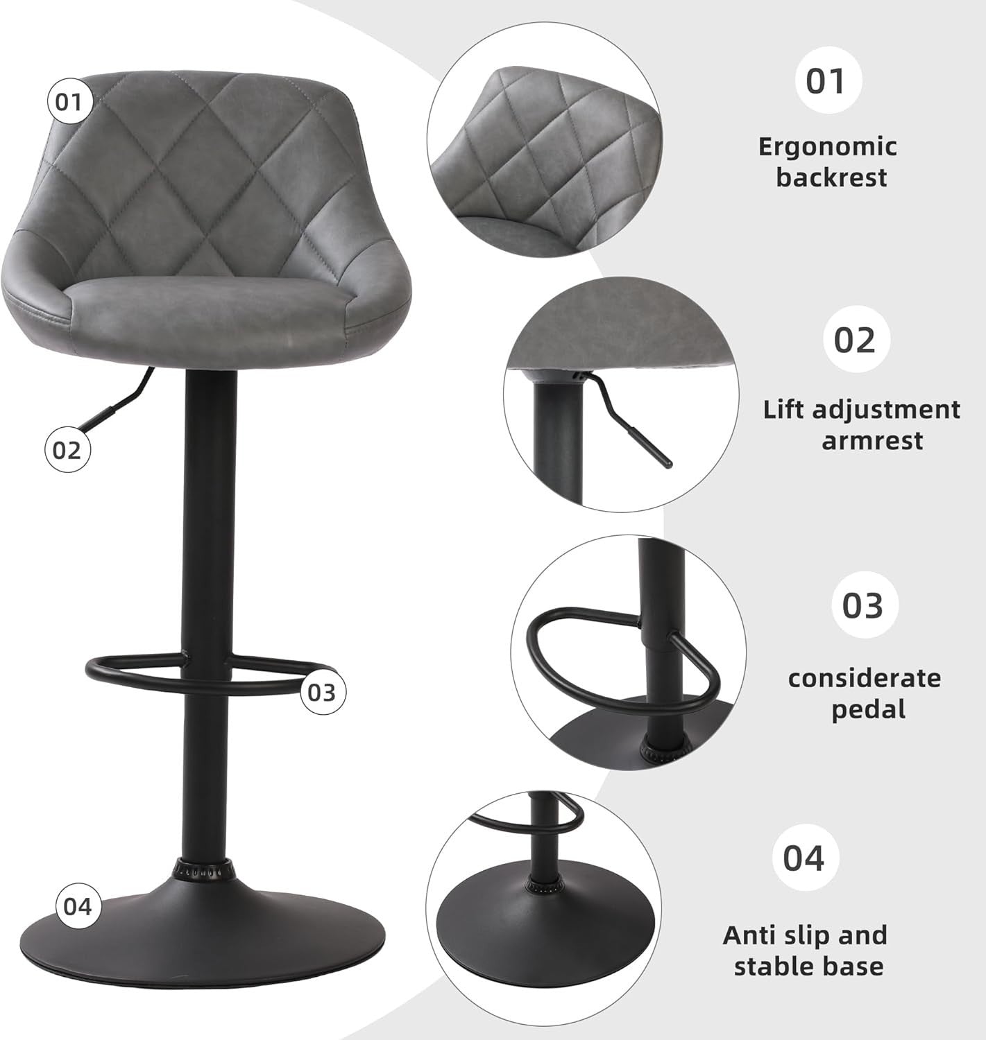 Adjustable Modern PU Leather Bar Stools with Footrest – Grey