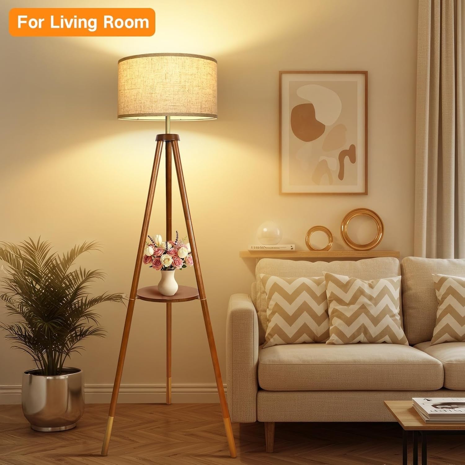 Dimmable Wooden Tripod Floor Lamp with Remote & Storage Shelf