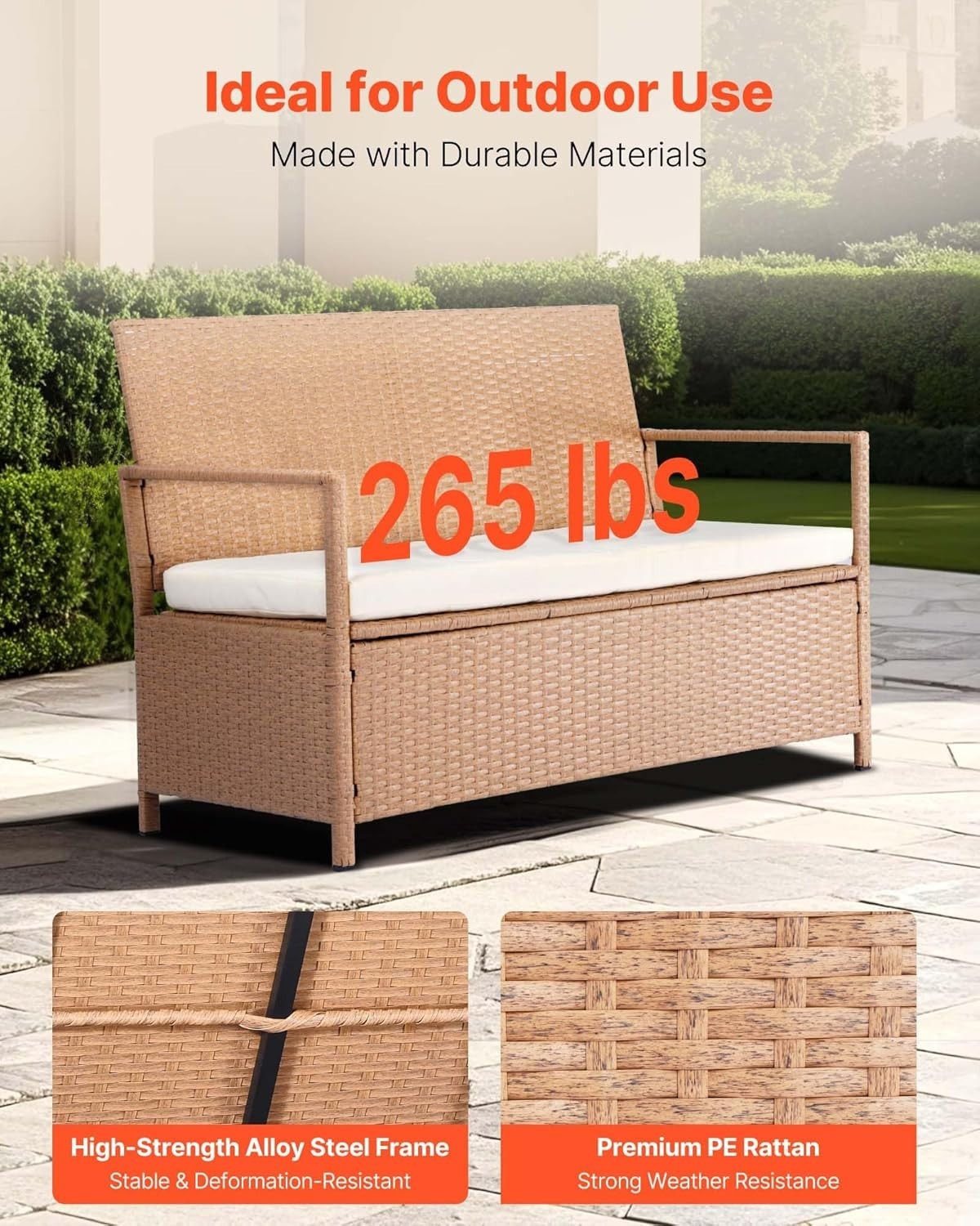 Outdoor 2-Person Storage Bench with Cushion – Weatherproof Rattan Deck Box