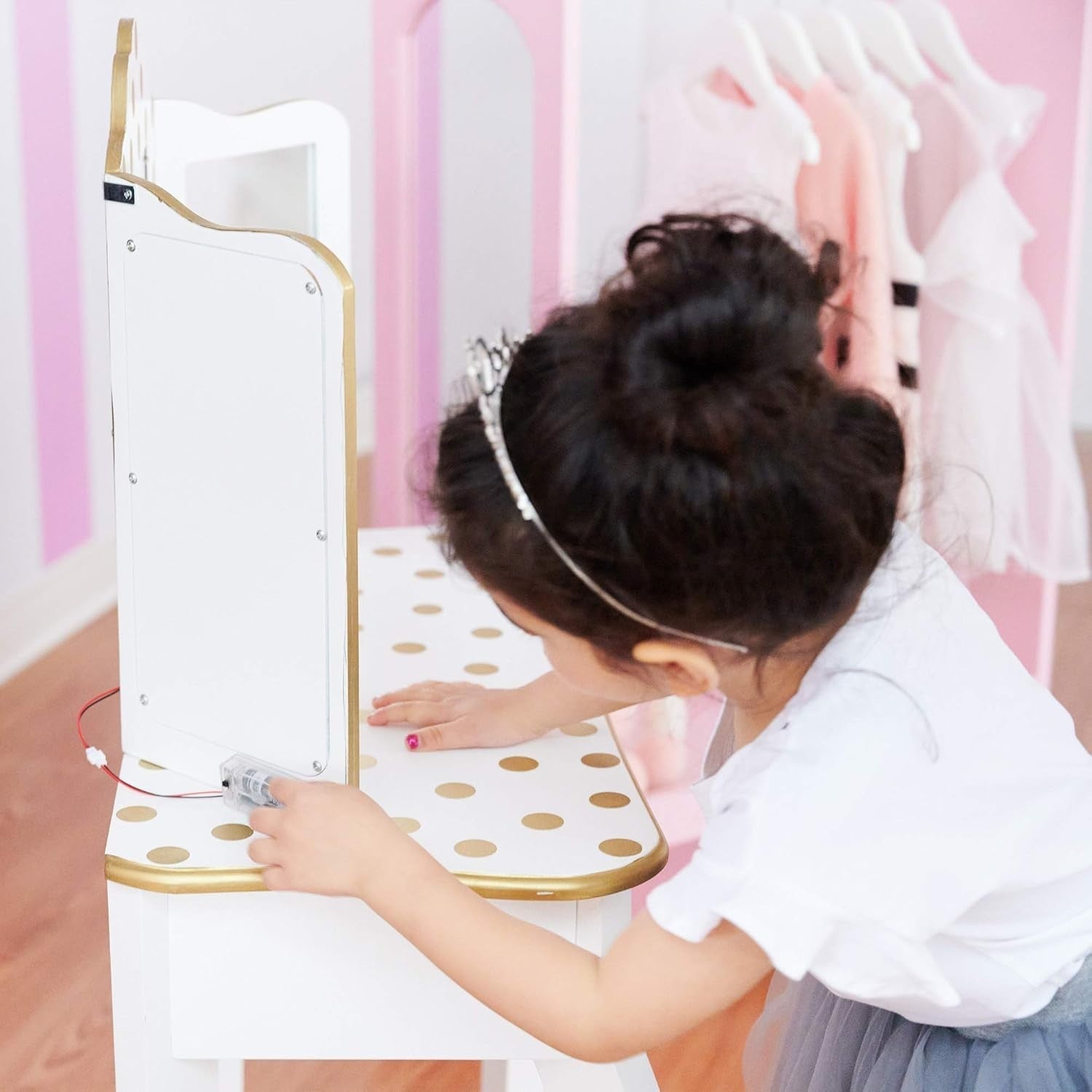 Kids Vanity Table Set with Light Mirror White Gold – Wooden Makeup Desk