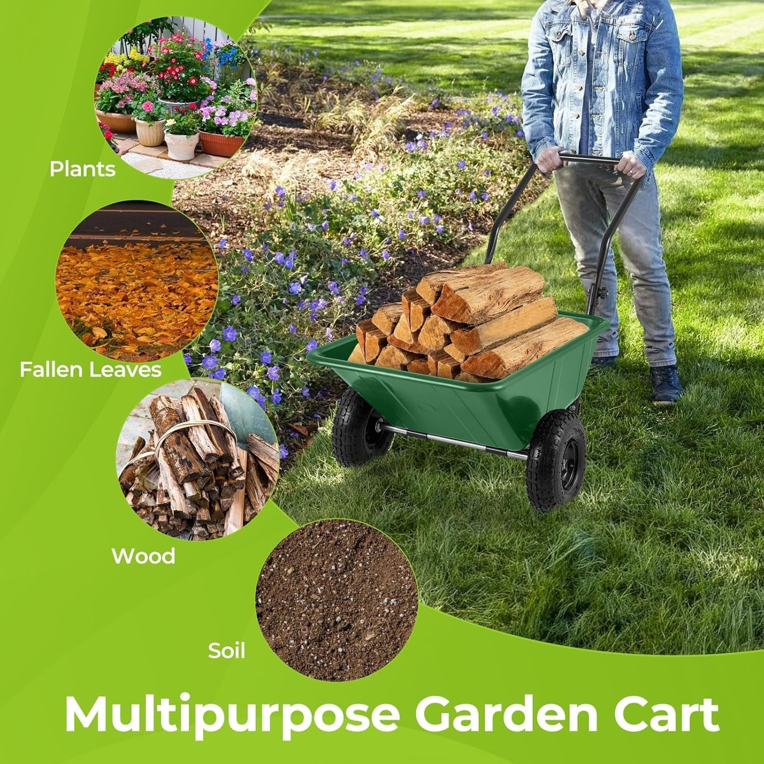 80L 2-Wheel Wheelbarrow Green+Black – Pneumatic Tyres w/ Adj Handle 100kg Cap