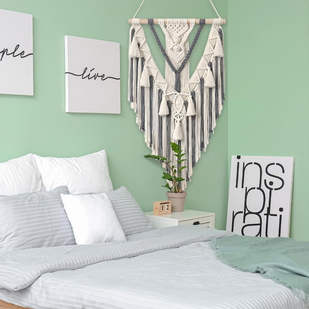 Boho Wall Hanging Tapestry 70x40cm Beige Grey Cotton Twine Decor
