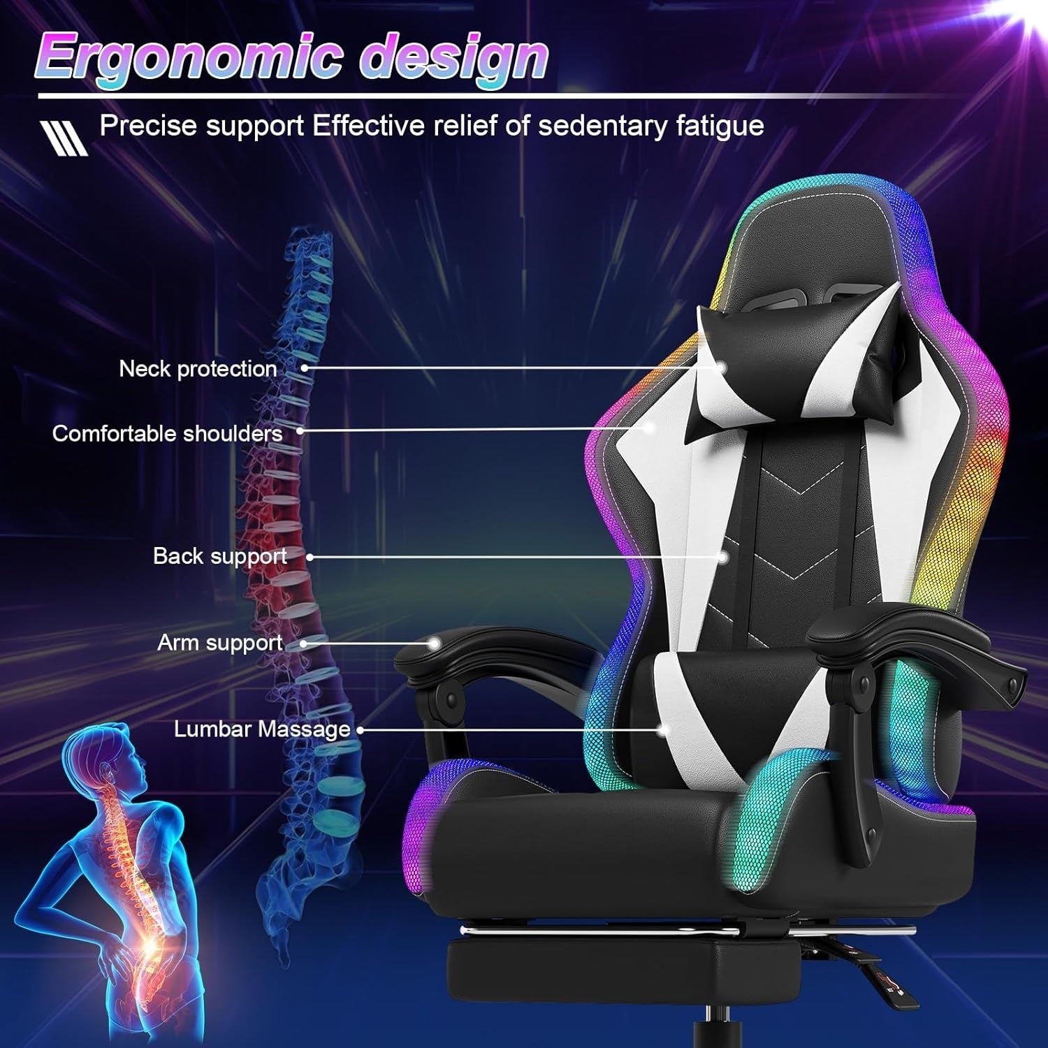 LED Gaming Chair w/ Footrest Massage Reclining RGB White