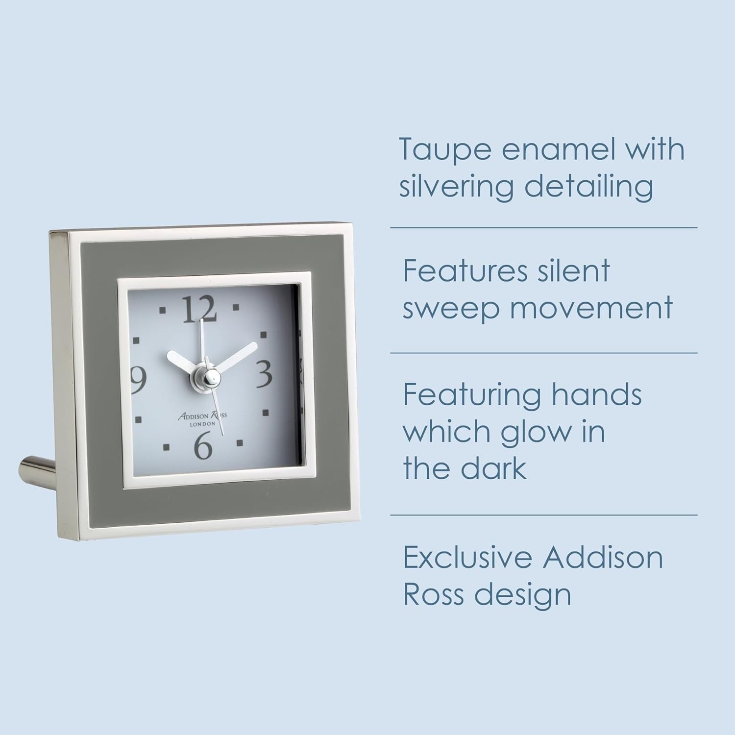 Silent Sweep Square Bedside Alarm Clock Luxury Compact Taupe Enamel