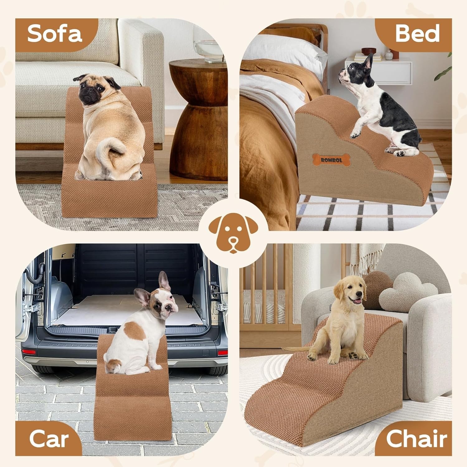 3 Step Dog Stairs Non Slip Pet Ramp for Bed Sofa Washable Brown