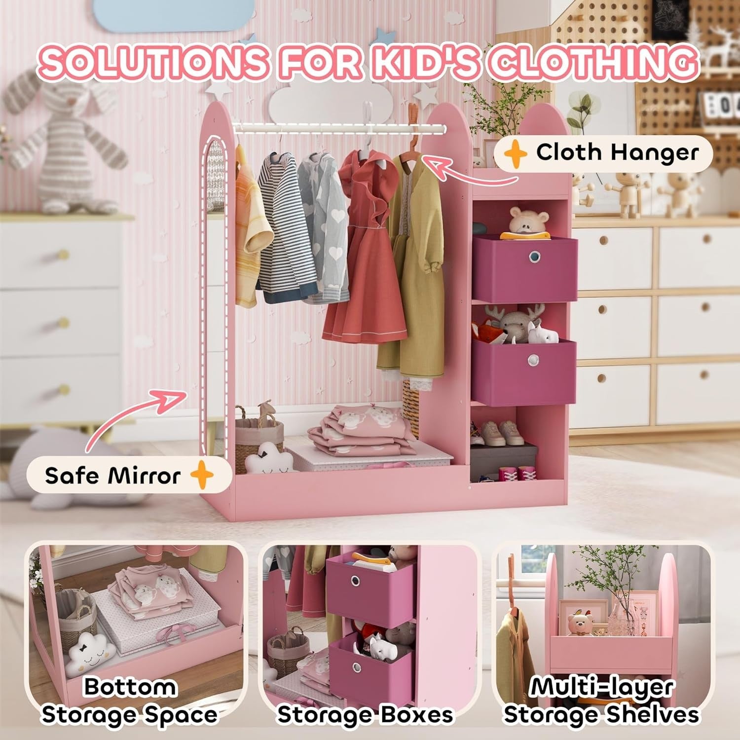 Kids Wardrobe with Mirror & Boxes, Dress Up Rail Pink