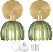 Vintage Gold Wall Lights with Remote & Green Glass Shade – Dimmable Set of 2