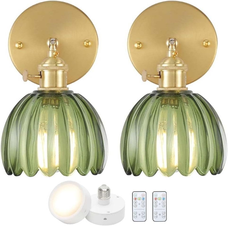Vintage Gold Wall Lights with Remote & Green Glass Shade – Dimmable Set of 2