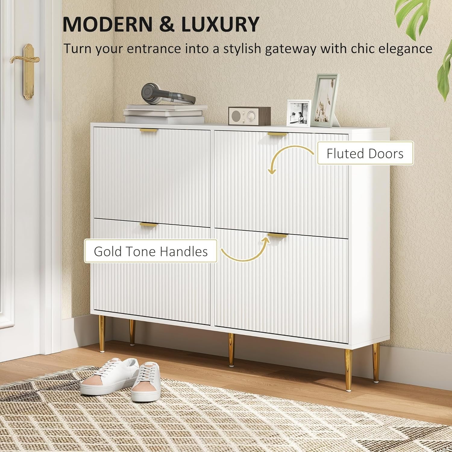 Slim 4 Drawer Shoe Cabinet – Fluted Doors, Adjustable Shelves, Space-Saving