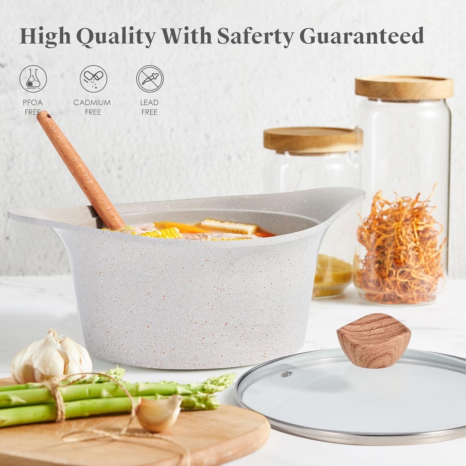 2Pcs Beige Granite Non Stick Casserole Pot Set with Glass Lids, Induction Safe