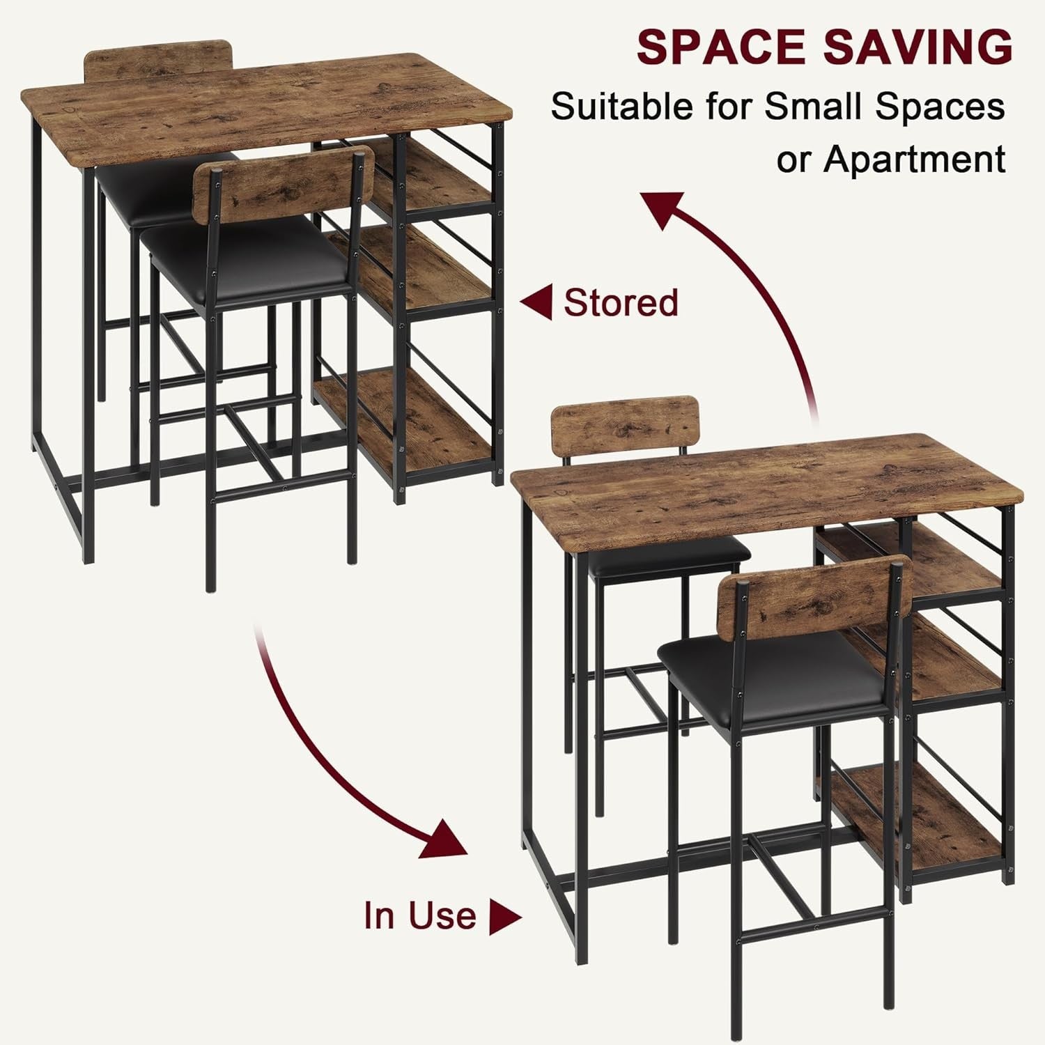 3 Pieces Bar Table Set 2 Upholstered Stools & Storage Shelves High Dining Brown