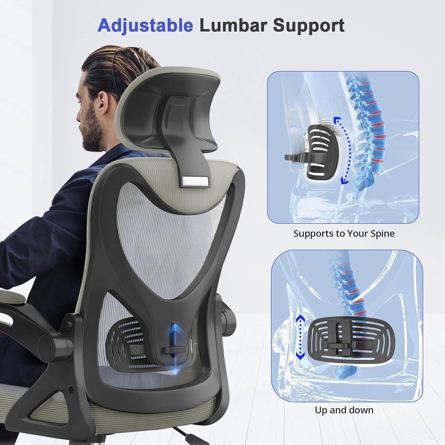 Ergonomic Office Chair High Back Mesh Flip-Up Arms Adjustable Lumbar Grey New