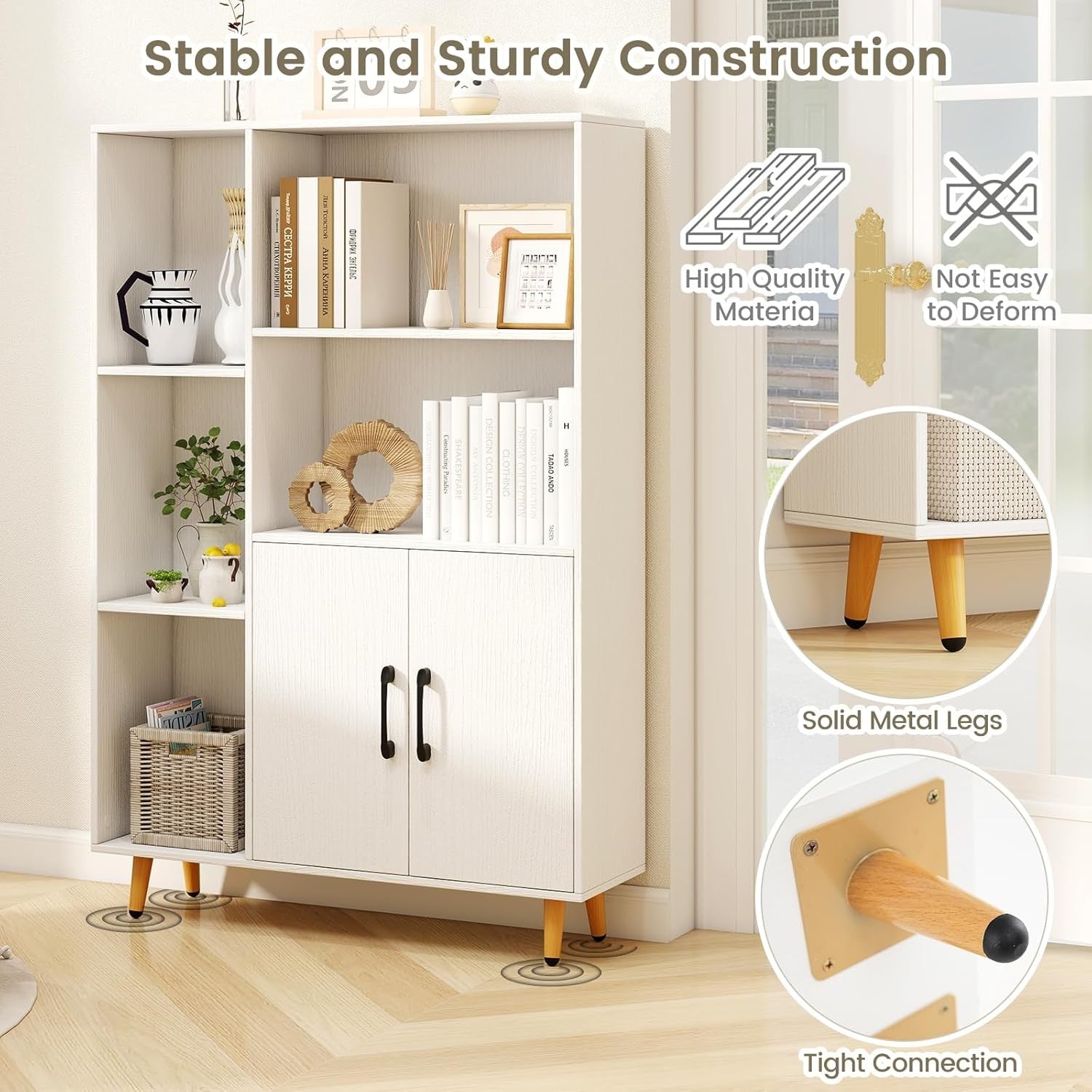 Modern Tall Storage Bookcase with Doors & Open Shelves 80x23x119cm White