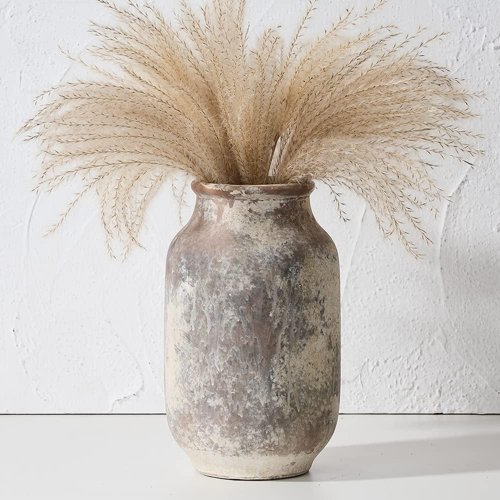 Rustic Ceramic Flower Vase 9.5in Whitewashed Terracotta Farmhouse Décor