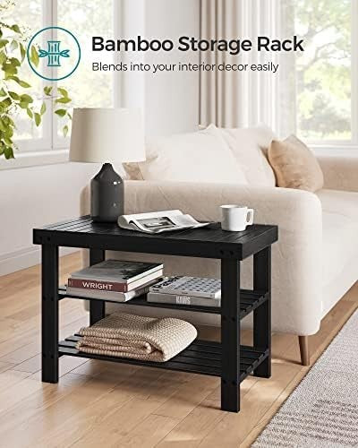 Black Bamboo Shoe Bench with 3-Tier Storage | Entryway & Hallway Seat